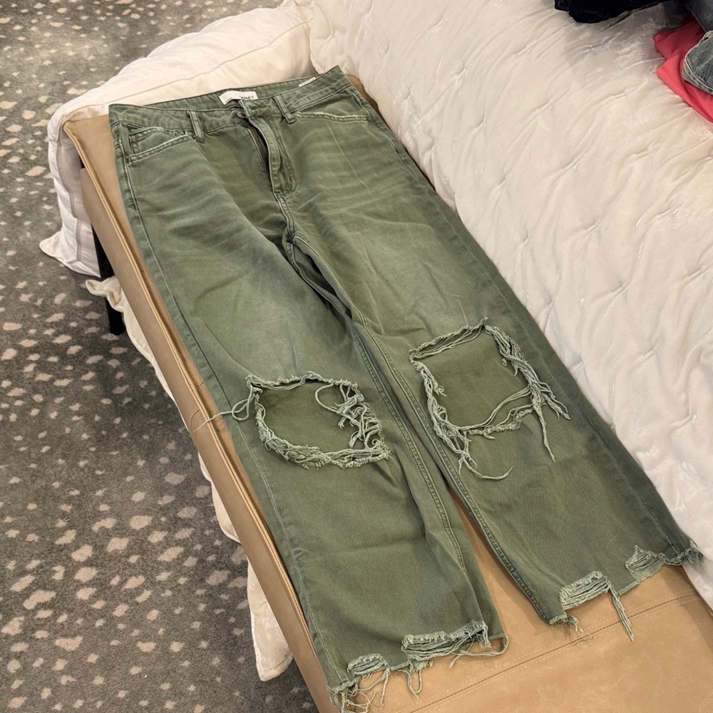 Vervet wide leg distressed olive jeans